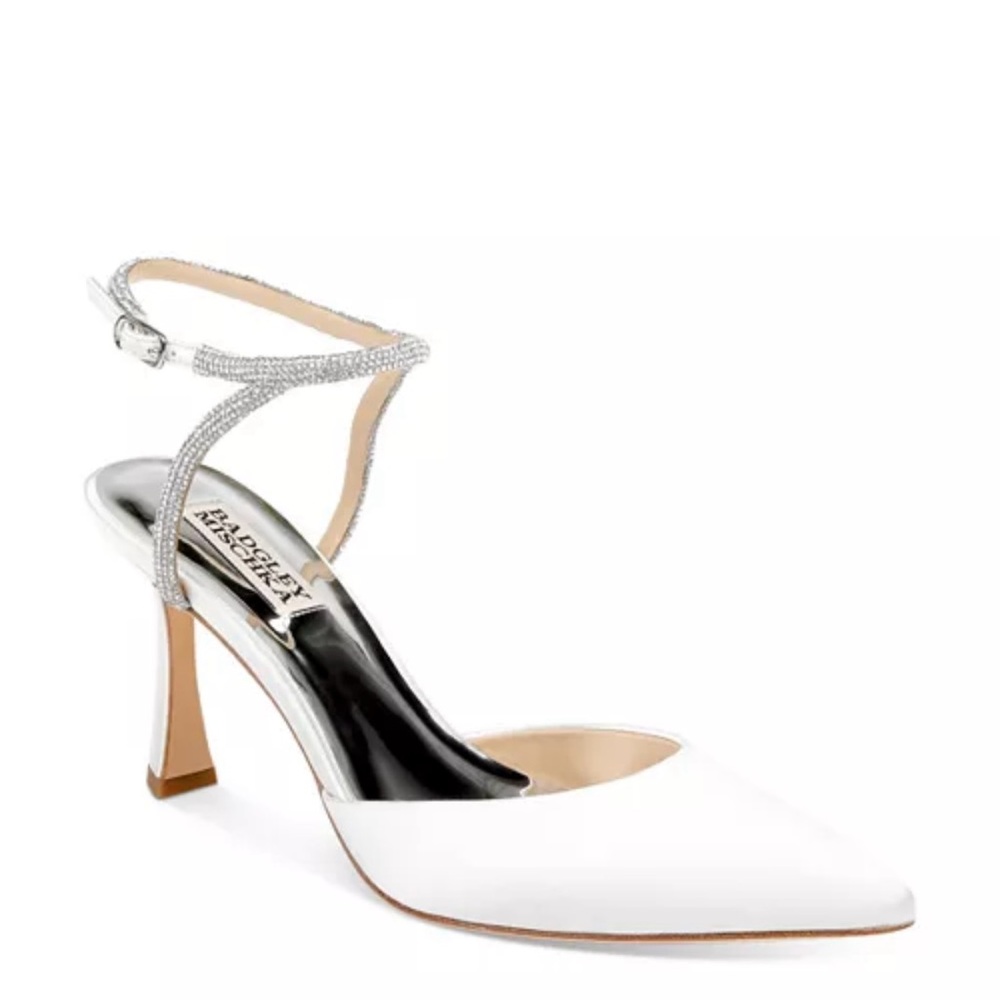 Badgley Mischka White and Silver Kamilah Ankle Strap Pumps | Bridal Heels